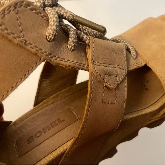 Sorel Joanie Camel Tan Leather Wedge Heel Sandals Casual Outdoor - Picture 6 of 15